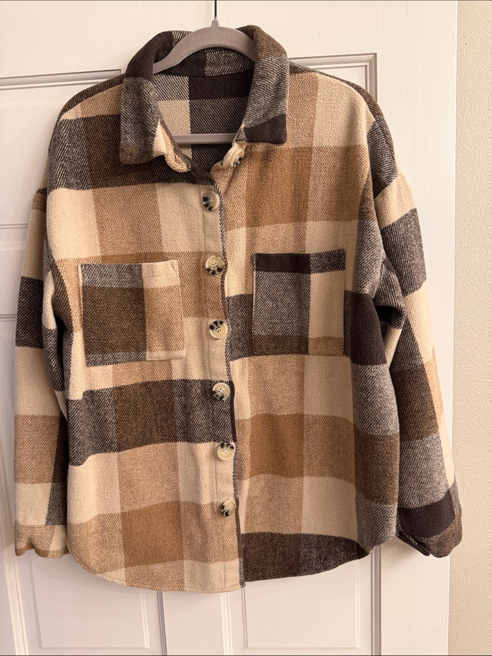 Plaid Button-Front Utility Jacket in Beige and Brown